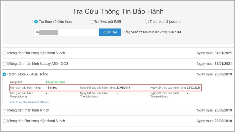 Click vào tên sản phẩm bạn muốn xem thời gian bảo hành 