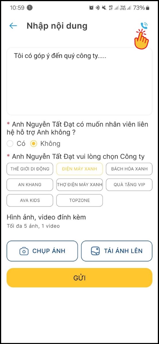 Chọn biểu tượng gọi điện thoại màu xanh ở góc phải trên màn hình