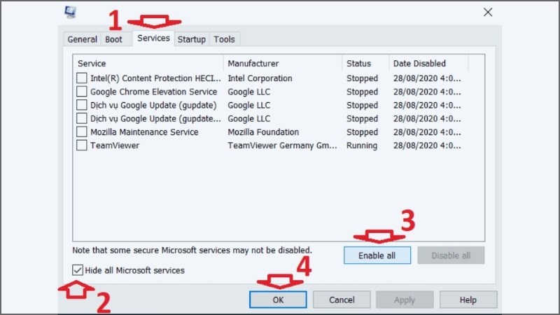 Chọn Enable all > OK để kích hoạt lại tất cả các dịch vụ