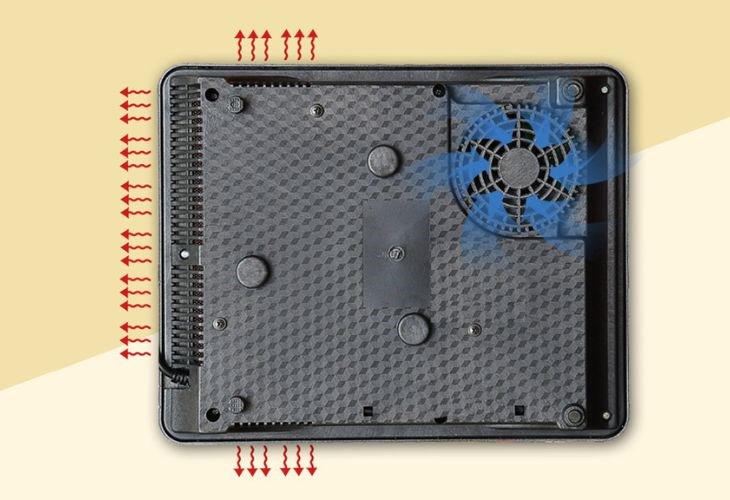 Phần đáy của bếp hồng ngoại Sanaky SNK2102HG được trang bị quạt tản nhiệt, giúp làm nguội bếp nhanh sau khi đã nấu ăn xong