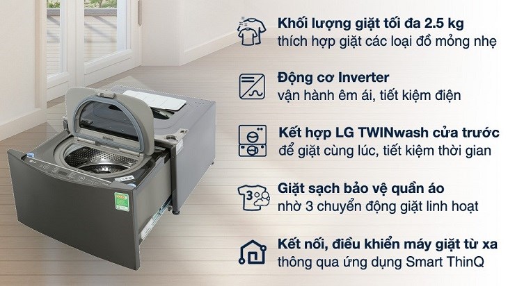 Máy giặt LG Mini Wash TV2402NTWB hoạt động êm ái nhờ công nghệ biến tần Máy giặt LG Mini Wash TV2402NTWB hoạt động êm ái nhờ công nghệ biến tần