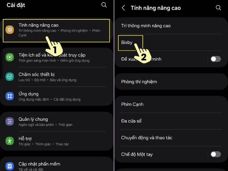 Vào Cài đặt  Tìm chọn Bixby