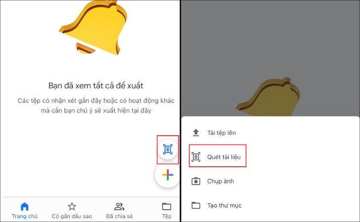 Đầu tiên, hãy mở ứng dụng Google Drive trên điện thoại và nhấn chọn biểu tượng Quét tài liệu