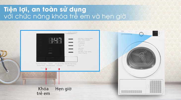 Máy sấy ngưng tụ Beko 8 kg DU8133GA0W với tính năng khóa trẻ em đảm bảo an toàn, không lo bị mở cửa lồng sấy trong khi máy đang hoạt động 