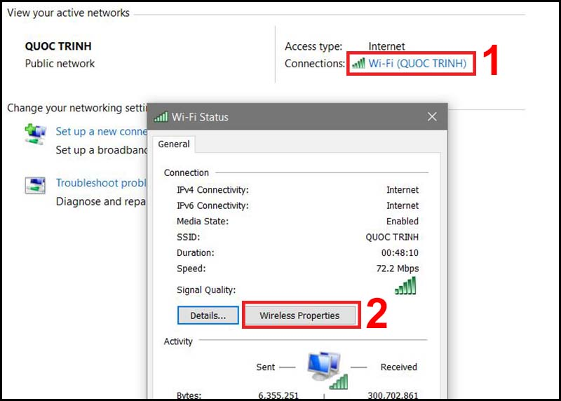 Chọn Wireless Properties để hiển thị thông tin chi tiết về mạng Wifi