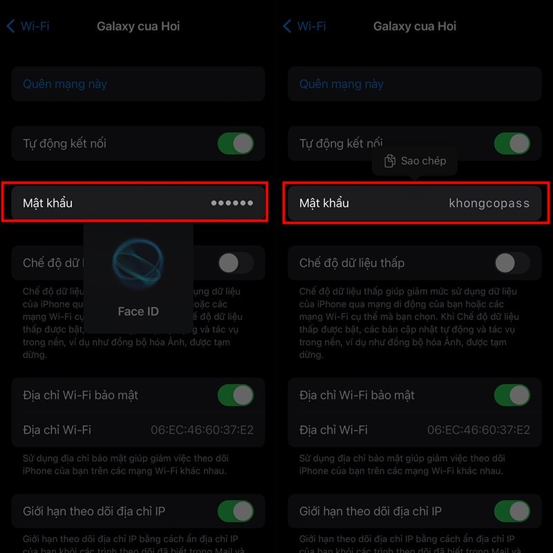 Mật khẩu sẽ được hiển thị sau khi điện thoại đã xác nhận bằng Face ID