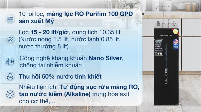 Máy lọc nước RO nóng nguội lạnh Sunhouse UltraPURE SHA76210KL 10 lõi