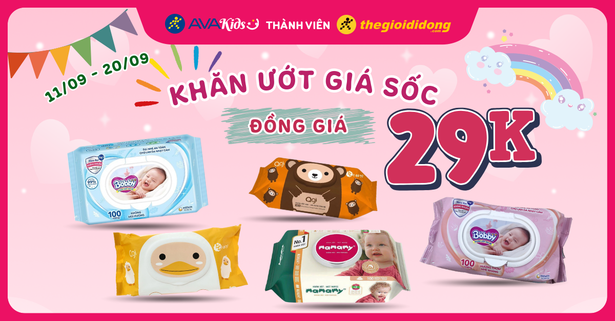 (11/09 - 20/09) Khăn ướt giá sốc đồng giá 29.000đ. Nhanh tay chớp ngay deal hời mẹ ơi!