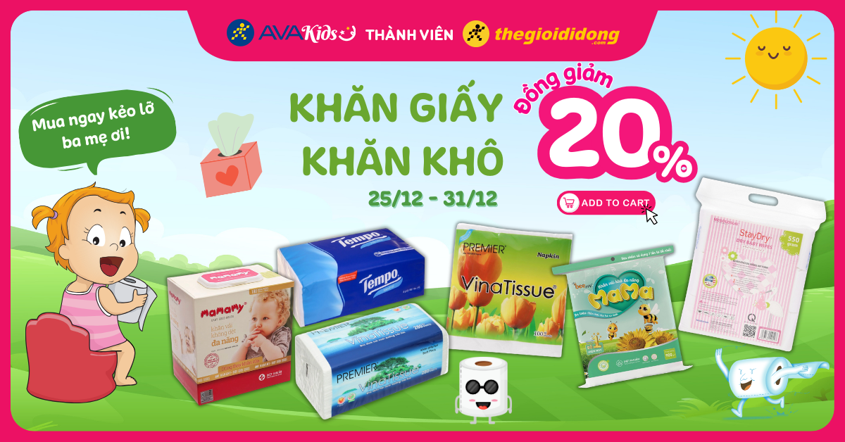 (25/12 - 31/12) Tuần lễ giảm sốc: Khăn giấy - Khăn khô đồng giảm đến 20%. Chốt đơn ngay kẻo lỡ!