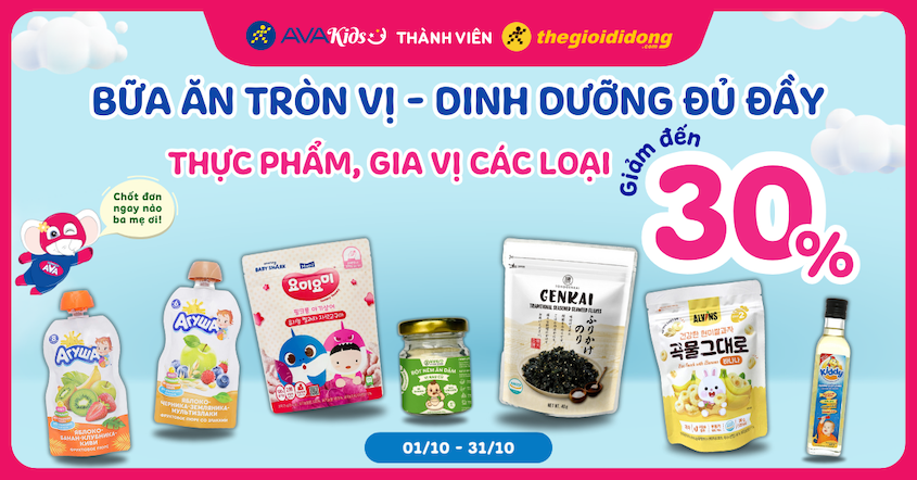 (01/10 - 31/10) Bữa ăn tròn vị - Dinh dưỡng đủ đầy - Thực phẩm, gia vị các loại cho bé giảm đến 30%. Sắm ngay kẻo lỡ!