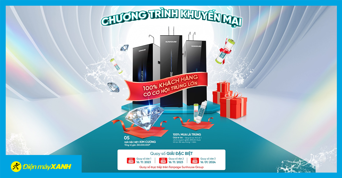 Sắm Lọc Nước - Rước Kim Cương: 100% Trúng Quà Khi Mua Máy Lọc Nước Sunhouse