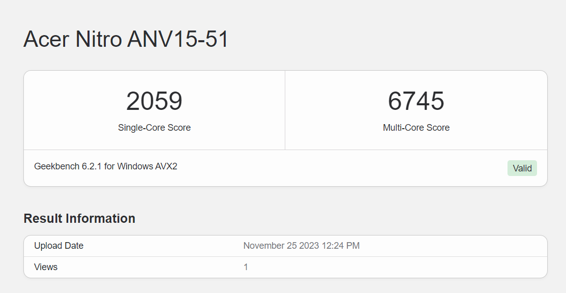 Điểm hiệu năng đơn nhân, đa nhân của Acer Nitro V ANV15 được chấm bởi Geekbench 6
