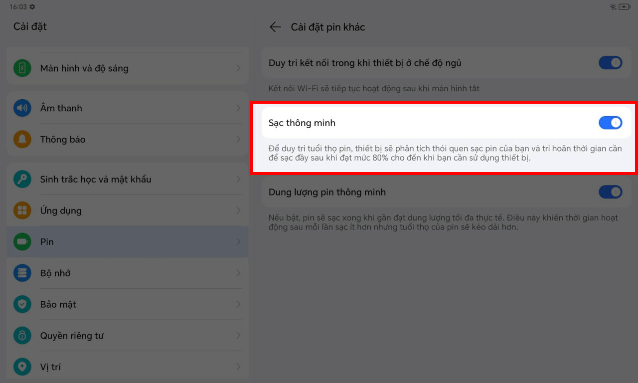 Cách bật sạc thông minh trên Honor Pad X9