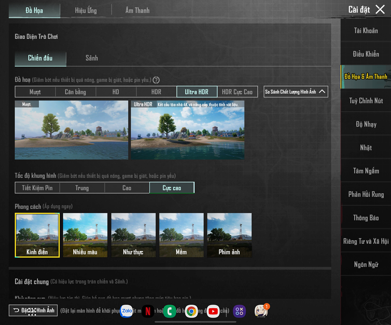 Thiết lập đồ họa PUBG Mobile mà mình đặt trên Galaxy Z Fold4.