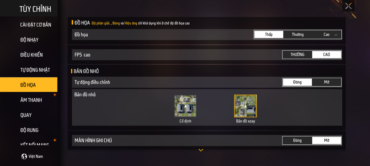 Thiết lập đồ hoạ trong Free Fire mà mình chỉnh được với Galaxy M54 5G.