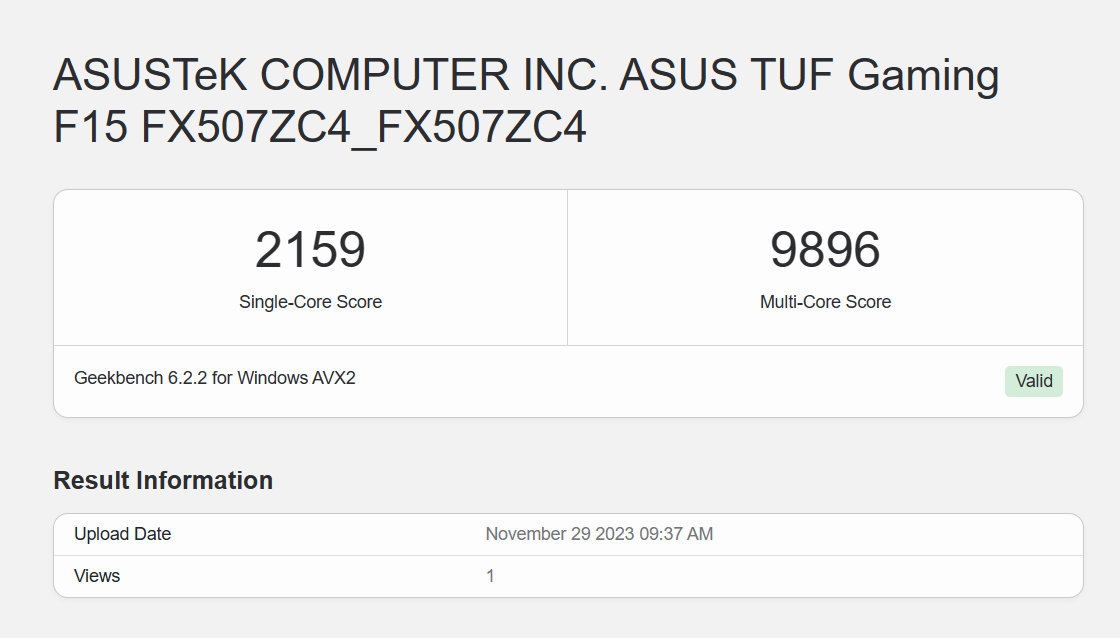 Điểm hiệu năng đơn nhân/đa nhân của ASUS TUF F15 FX507ZC4 được chấm bởi Geekbench 6