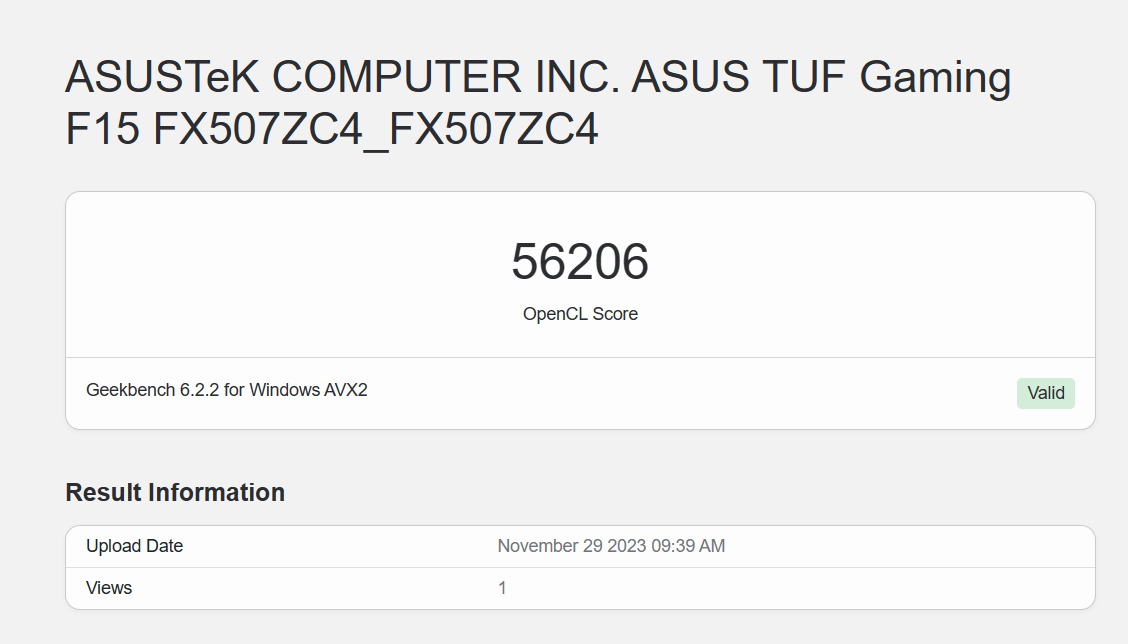 Điểm đồ họa OpenCL của ASUS TUF F15 FX507ZC4 được chấm bởi Geekbench 6