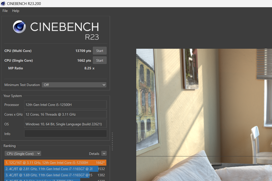 Điểm hiệu năng đơn nhân/đa nhân của ASUS TUF F15 FX507ZC4 được chấm bởi Cinabench R23.