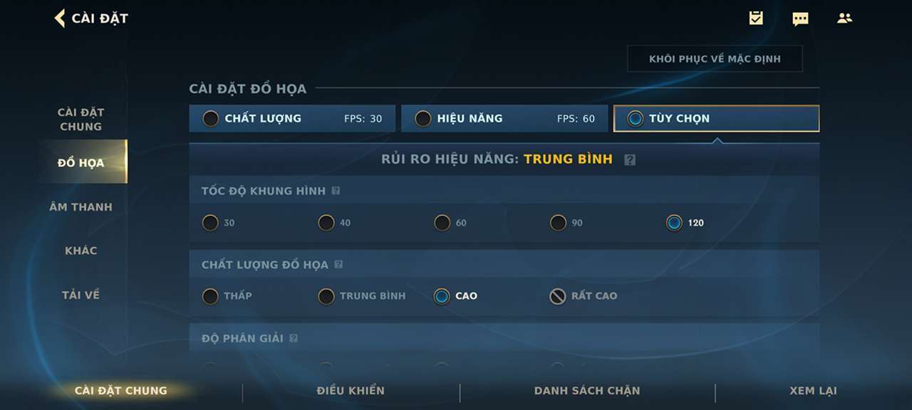 Thiết lập đồ họa Liên Minh Huyền Thoại: Tốc Chiến mà mình đặt trên Xiaomi 13T Pro.