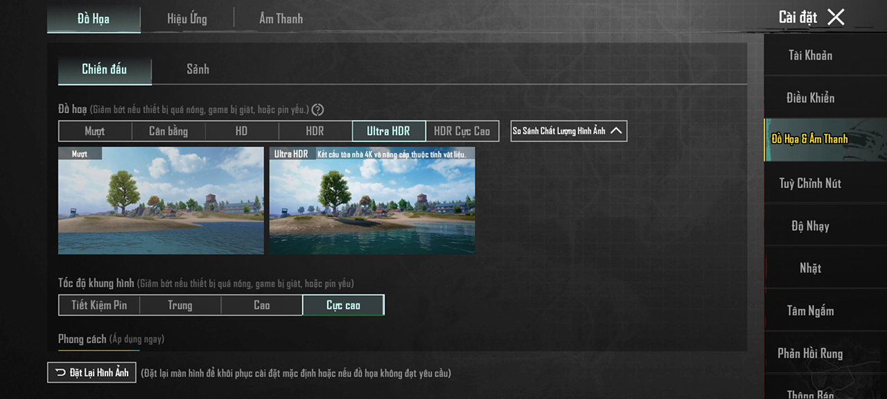 Thiết lập đồ họa PUBG Mobile mà mình đặt trên Xiaomi 13T Pro.