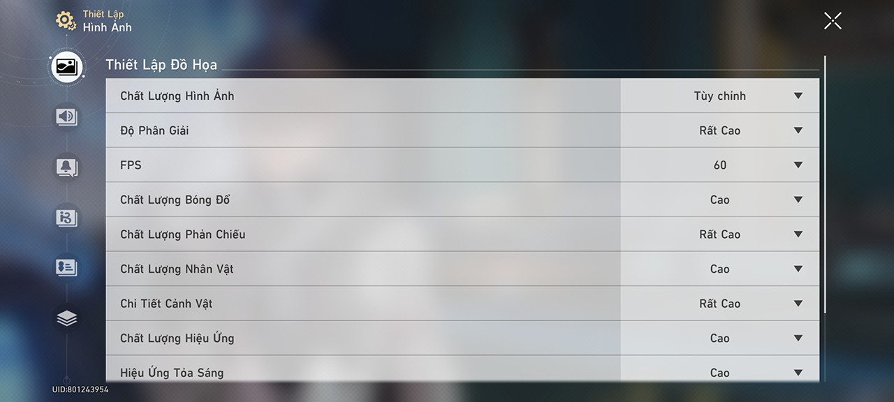 Thiết lập đồ họa Honkai: Star Rail mà mình đặt trên Xiaomi 13T Pro.