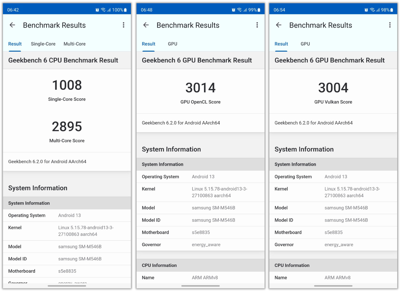 Điểm hiệu năng đơn/đa nhân và đồ họa trên Galaxy M54 được chấm bởi Geekbench 6