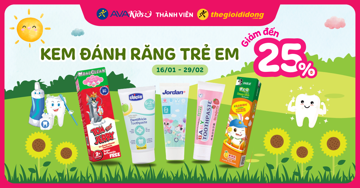 (16/01- 29/02) Kem đánh răng trẻ em giảm sốc đến 25%. Chốt đơn rinh ngay cho bé!
