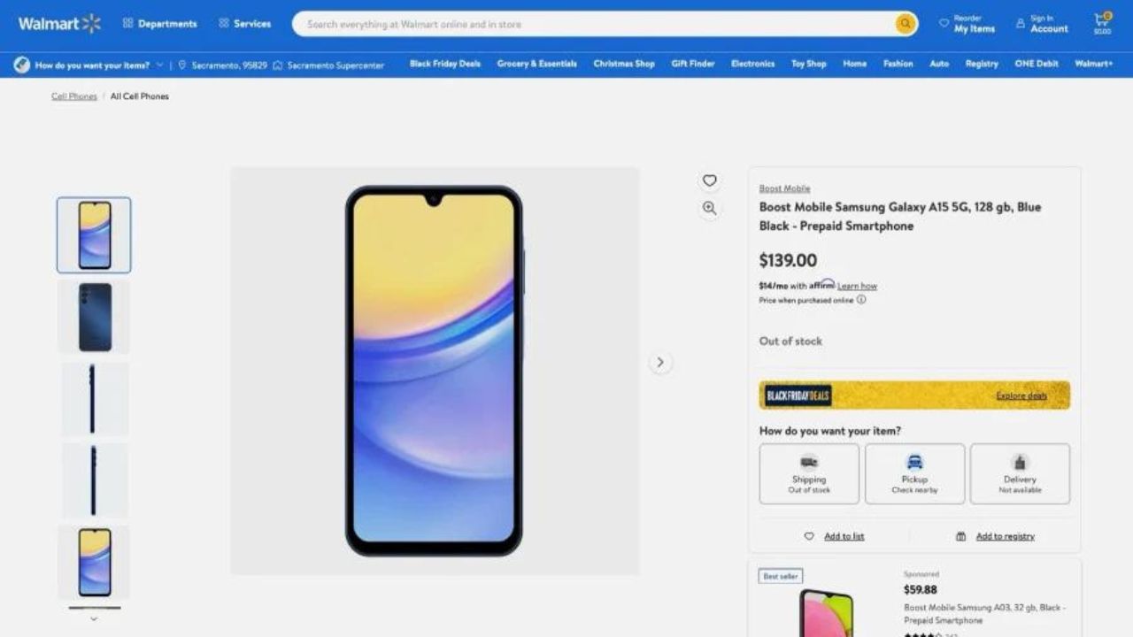 Thông tin rò rỉ trên trang Walmart của Galaxy A15 5G