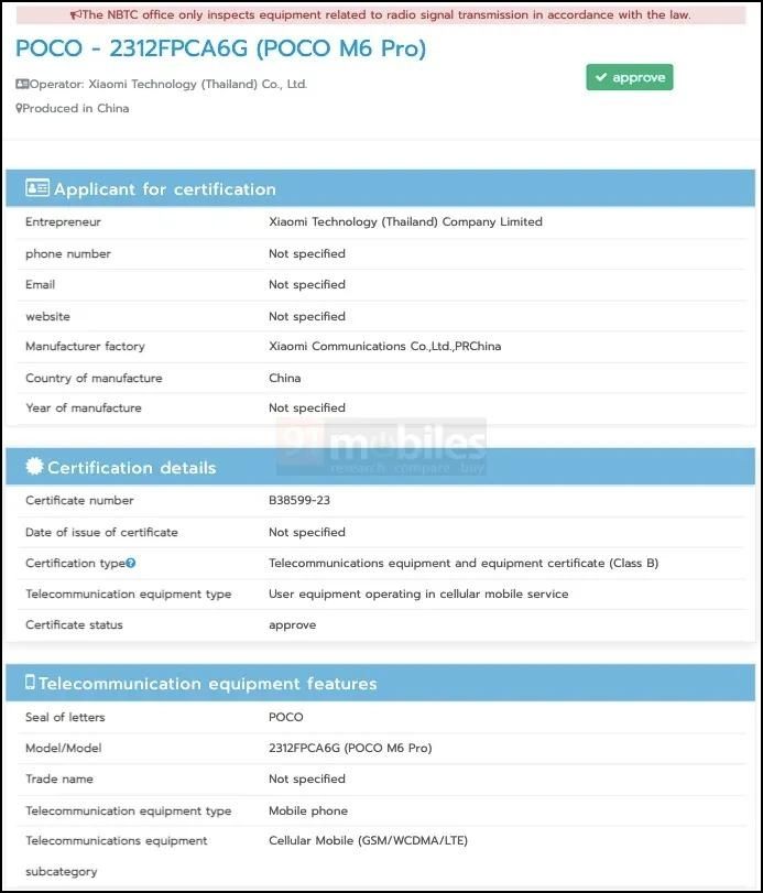 Rò rỉ trên trang chứng nhận NBTC của POCO M6 Pro 4G