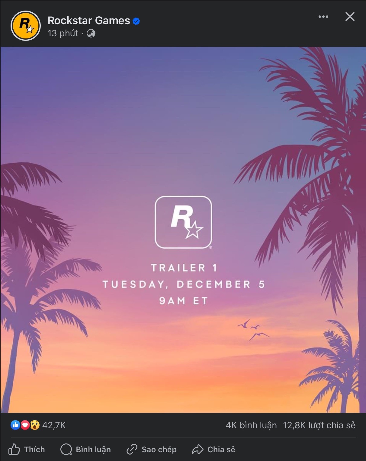 Bài đăng trên Facebook của Rockstar Games đã thu hút hàng nghìn lượt tương tác chỉ sau thời gian ngắn