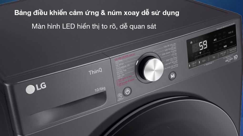 Máy giặt sấy LG Inverter giặt 10 kg - sấy 6 kg FV1410D4M1 - Bảng điều khiển dạng cảm ứng và núm xoay, màn hình Led thiết kế to rõ