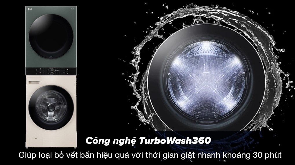 Tháp giặt sấy LG Inverter giặt 25 kg - sấy 17 kg WT2517NHEG - Công nghệ TurboWash360 cho hiệu quả giặt sạch quần áo vượt trội và nhanh trong 30 phút