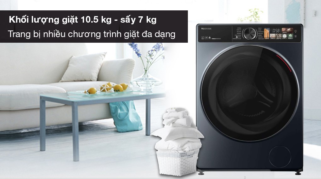 Máy giặt sấy Toshiba Inverter giặt 10,5 kg - sấy 7 kg TWD-T25BZU115MWV(MG) - Khối lượng giặt 10.5 kg, sấy 7kg, trang bị nhiều chương trình đa dạng
