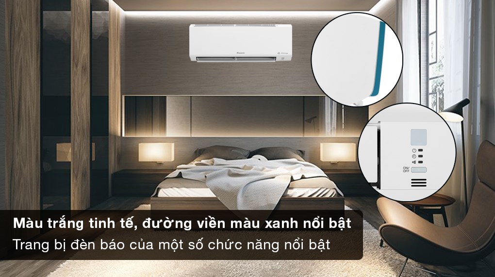 Máy lạnh Daikin Inverter 2 HP FTKF50YVMV - Màu sắc tinh tế, họa tiết đường viền xanh nổi bật, trang bị đèn báo của một số tính năng