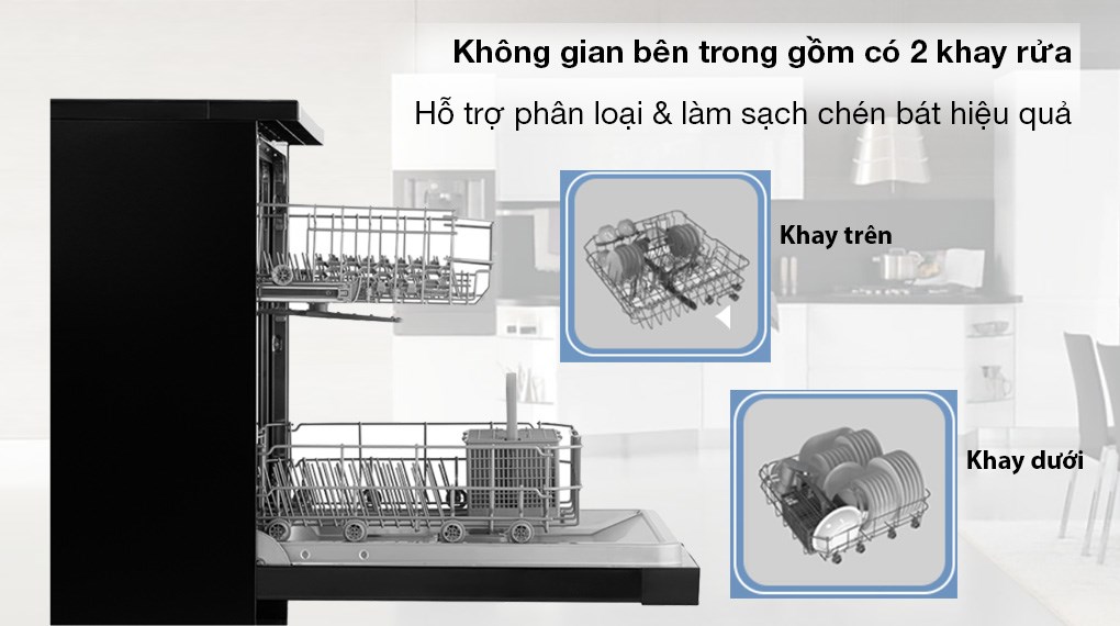 Máy rửa chén độc lập Hòa Phát HD F1206EBB TM - Thiết kế 2 khay rửa bên trong