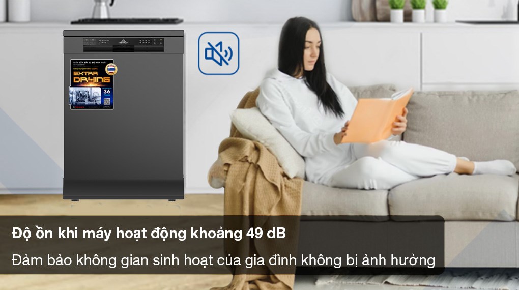 Máy rửa chén độc lập Hòa Phát HD F1206EBB TM - Độ ồn khoảng 49 dB tránh làm ảnh hưởng đến sinh hoạt gia đình