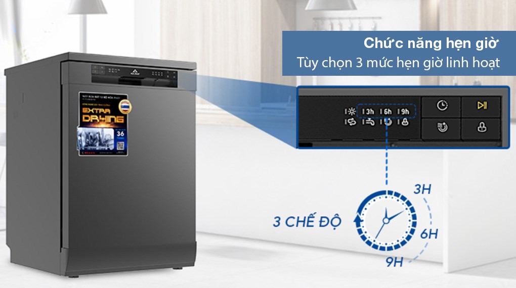 Máy rửa chén độc lập Hòa Phát HD F1206EBB TM - Chức năng hẹn giờ tùy chỉnh 3 mức theo nhu cầu sử dụng