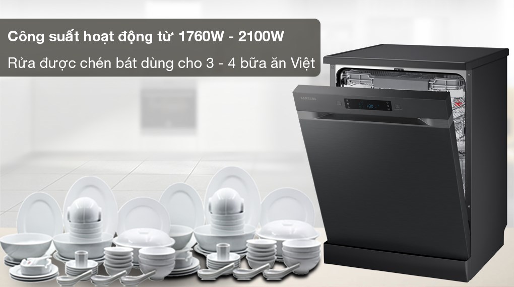 Máy rửa chén độc lập Samsung DW60CG550FSGSV - Công suất hoạt động từ 1760W - 2100W, rửa được chén bát dùng cho 3 - 4 bữa ăn Việt