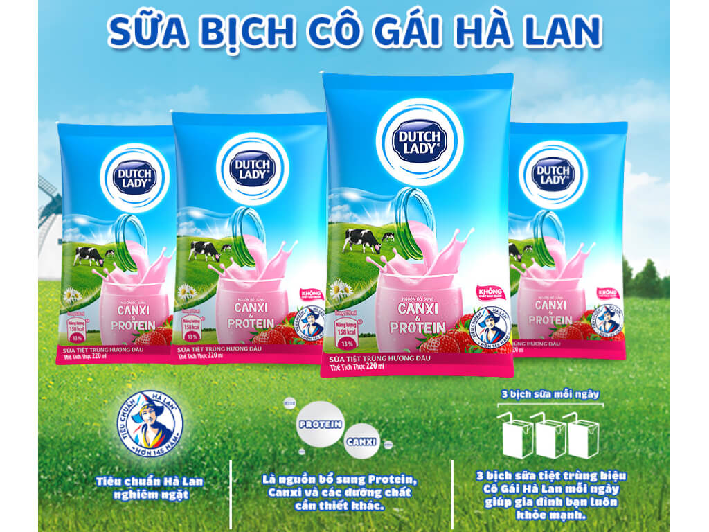 Sữa tiệt trùng hương dâu Dutch Lady Canxi & Protein bịch 210ml 0