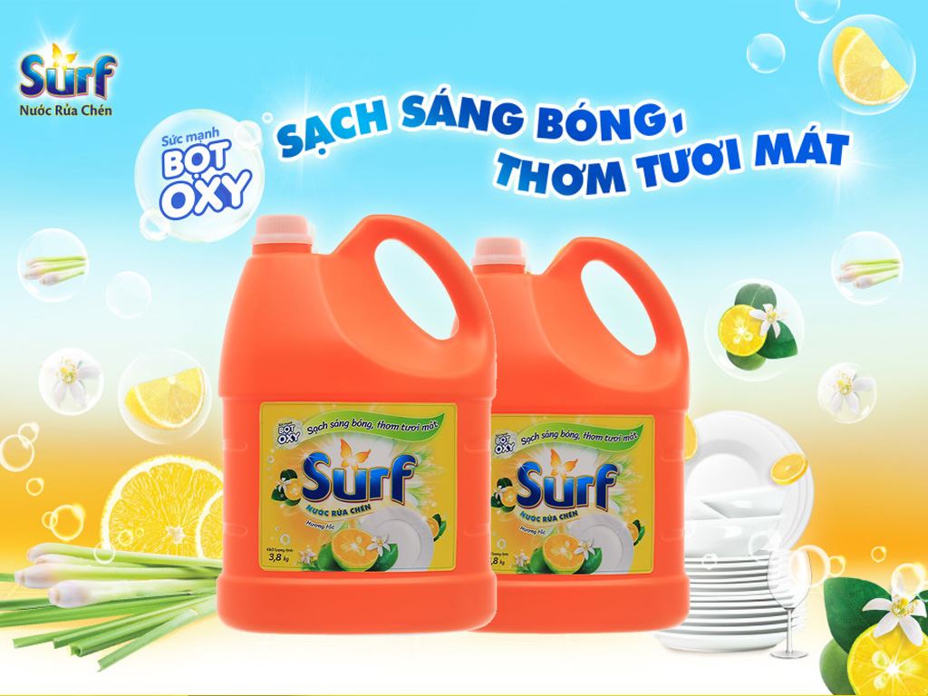 Nước rửa chén Surf hương tắc sạch sáng bóng thơm tươi mát can 3.67 lít