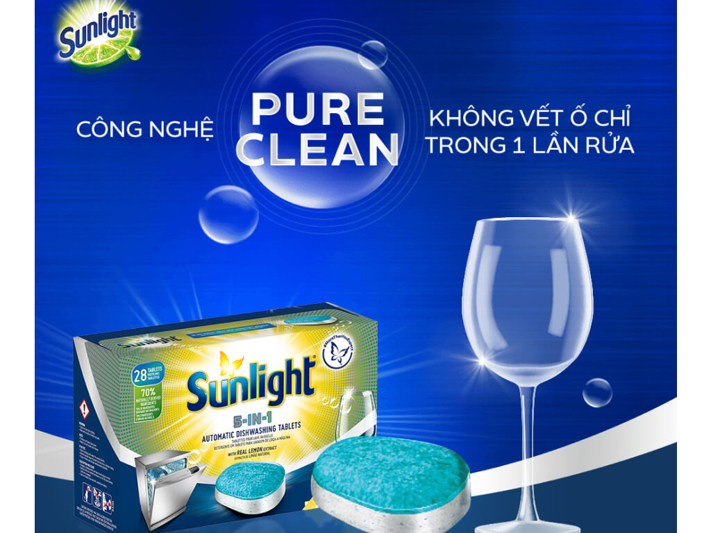 Viên rửa chén Sunlight 5 trong 1 cho máy rửa chén bát với công nghệ pureclean không để lại vết ố 490g (28 viên/hộp) 0