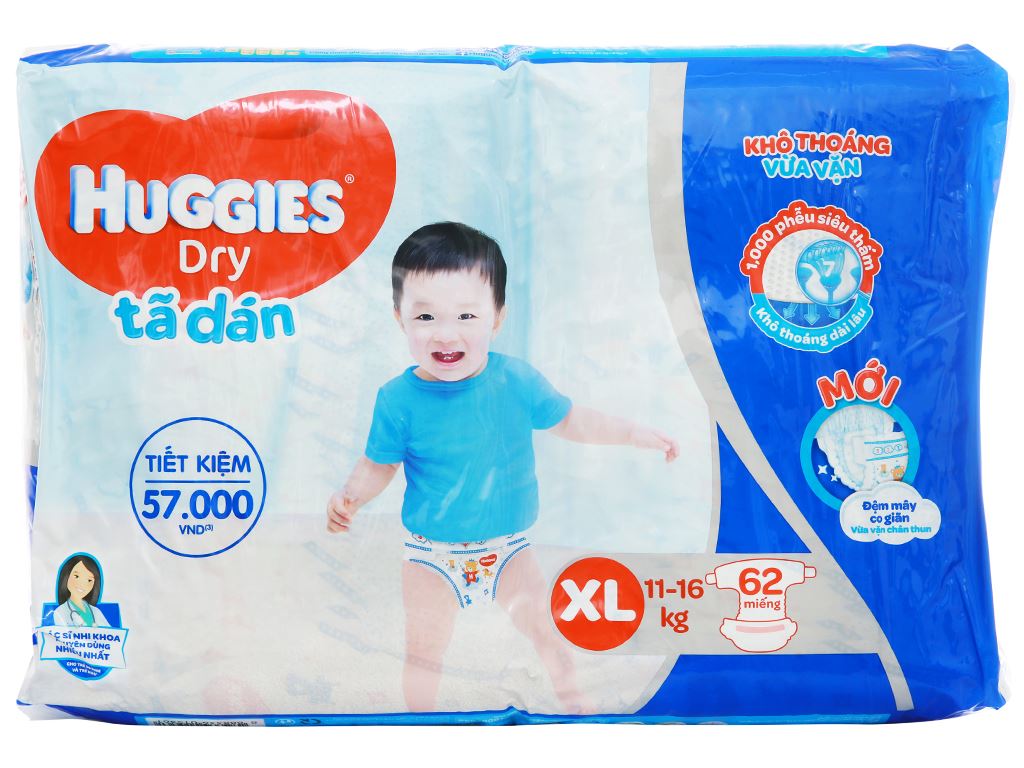Tã dán Huggies Dry size XL 62 miếng (cho bé 11 - 16kg) 0
