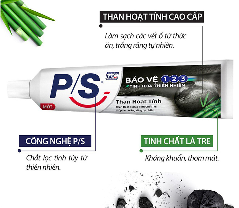 Kem đánh răng P/S bảo vệ 123 than hoạt tính trắng răng tự nhiên 180g 1