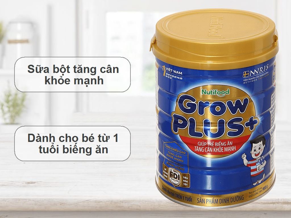 Sữa bột NutiFood Grow Plus+ giúp bé biếng ăn tăng cân khỏe mạnh lon 900g 0