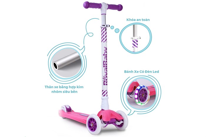 Xe scooter RoyalBaby RO203M-3 nhôm Xanh Lá ( 3 bánh ) Màu Trắng - Tím