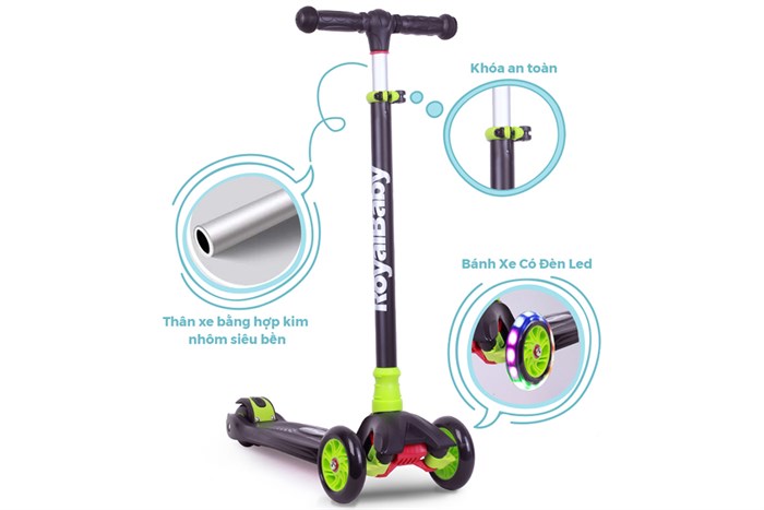 Xe scooter RoyalBaby RO203M-3 nhôm Xanh Lá ( 3 bánh ) Màu Đen - Xanh lá