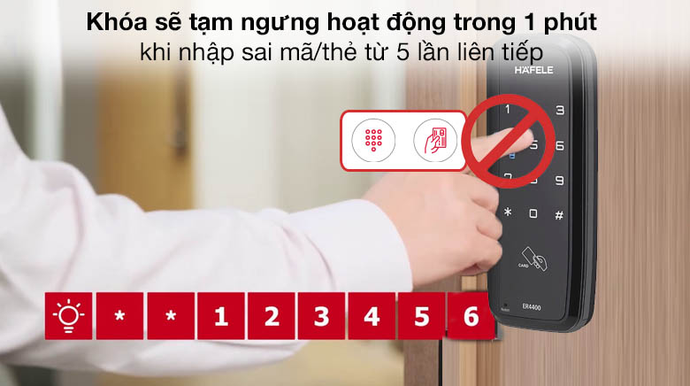 Tạm ngưng khi nhập sai mật khẩu - Khóa điện tử Hafele ER4400-TCR (912.05.701)