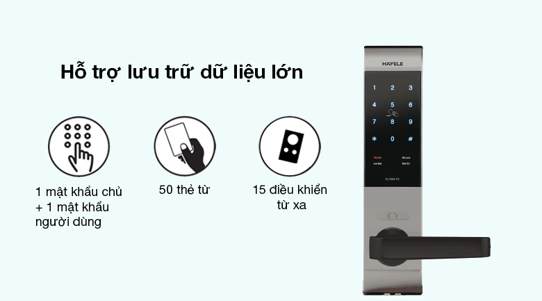 Khóa điện tử Hafele thân khóa lớn EL7500 (912.05.717) - Khóa điện tử lưu trữ được tới 50 thẻ từ, 1 mật khẩu chủ, 1 mật khẩu người dùng, 15 điều khiển từ xa