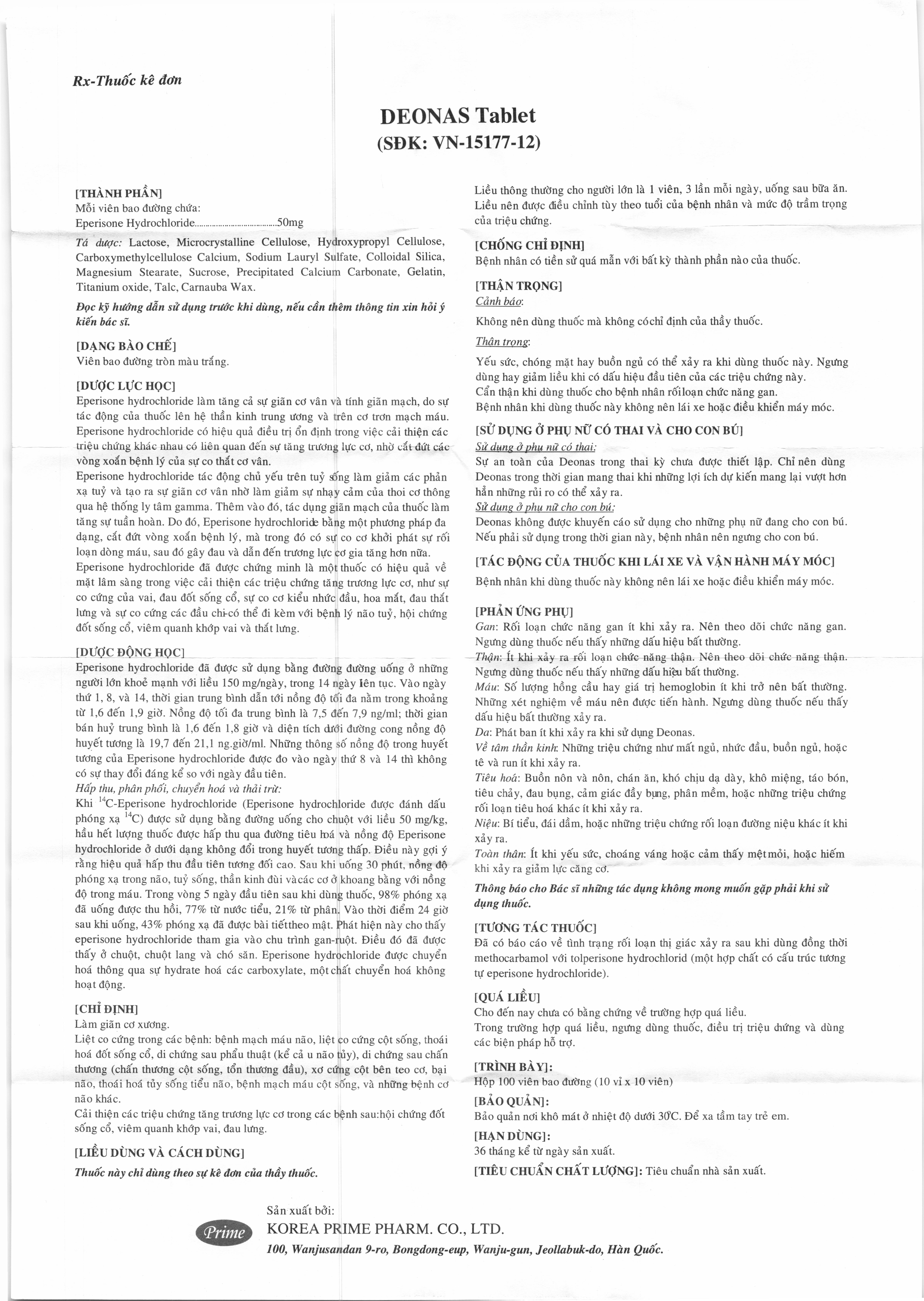 Deonas tablet 50mg giãn cơ, trị đau do co cứng cơ