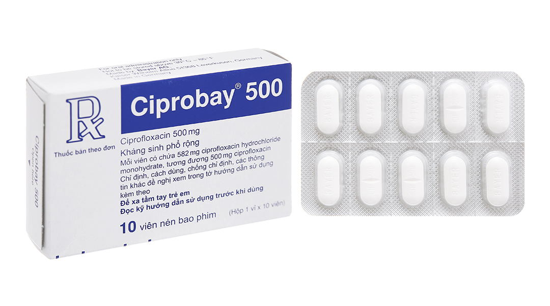 HỘP THUỐC CIPROBAY 500MG ĐỂ TRÊN TAY BÁC SĨ ĐANG TƯ VẤN DÙNG THUỐC